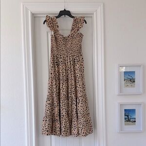 Tan Brown Leopard Print Smocked Ruffled Midi Sundress